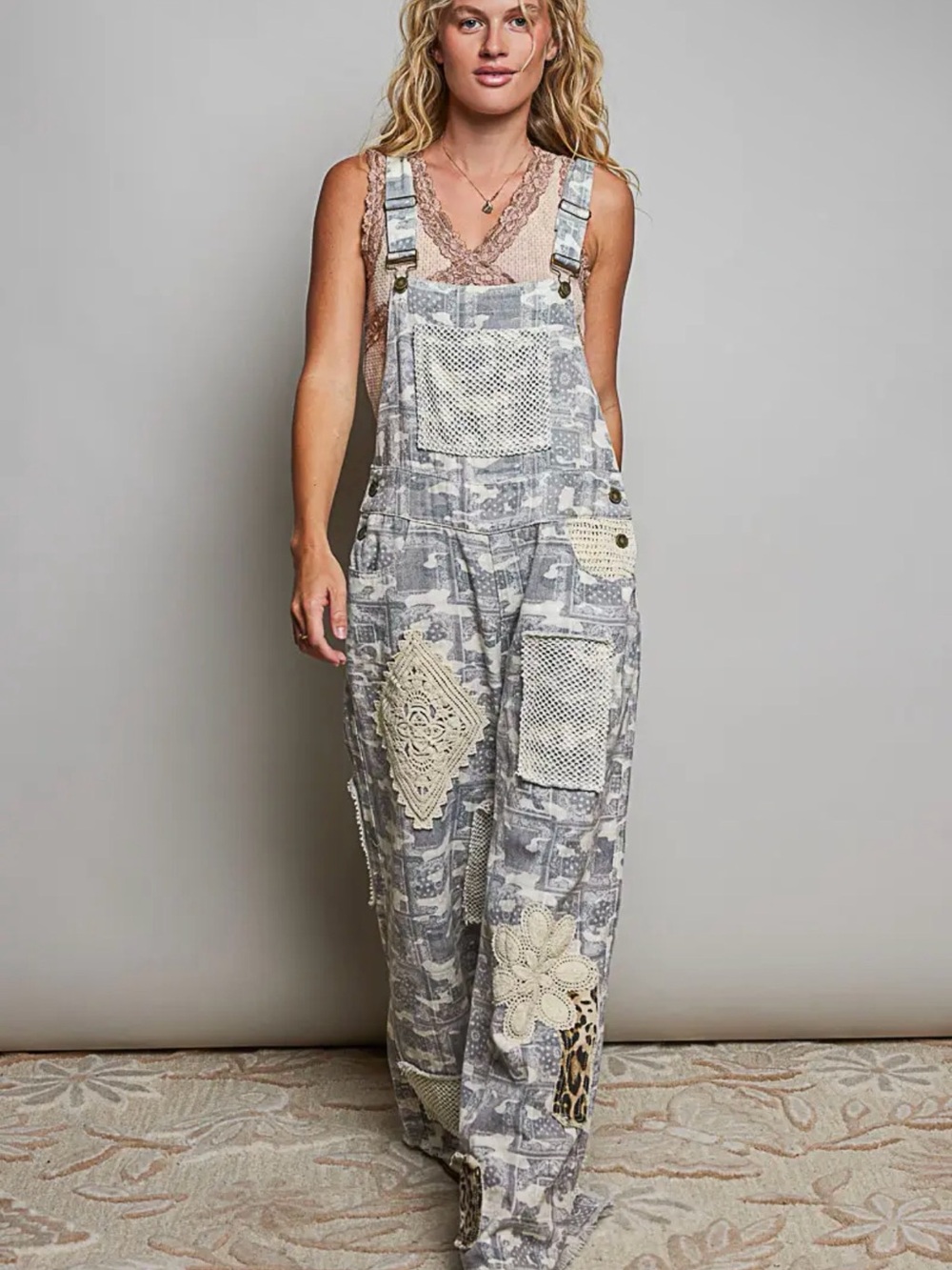 POL Gray Patchwork Lace Women's Overalls